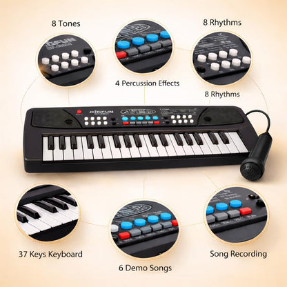 Kids Piano Keyboard with Mic | 37 Keys, 8 Rhythms, 8 Tones & 6 Demo Songs | Educational Musical Toy