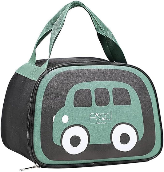 Green bus print insulated lunch bag with dark handles and zip