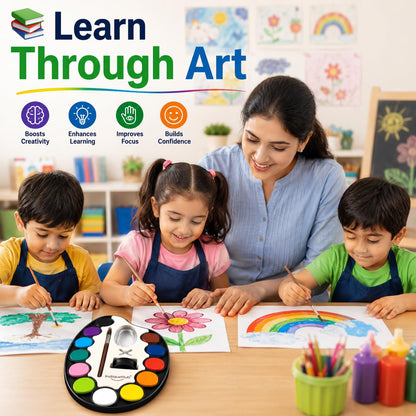 Teacher and children painting together with oval watercolour palettes