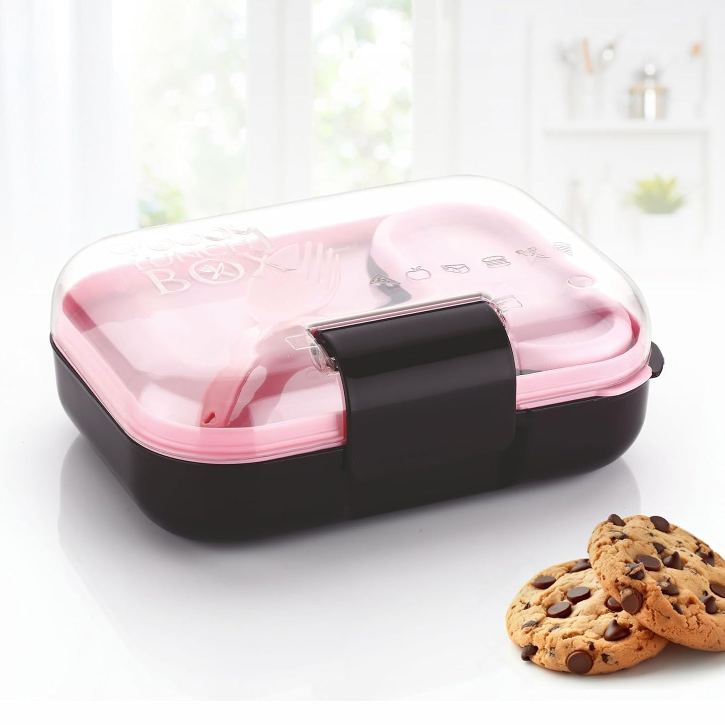Foody Lunch Box with Spoon | 3 Compartments, Small Container & Spoon | Plastic Lunch Box