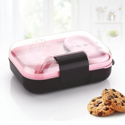 Pink and black plastic lunch box with clear lid, spoon and cookies