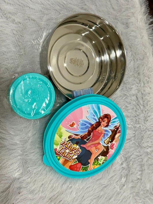 Steel snack box with teal lid, small container and fairy print design