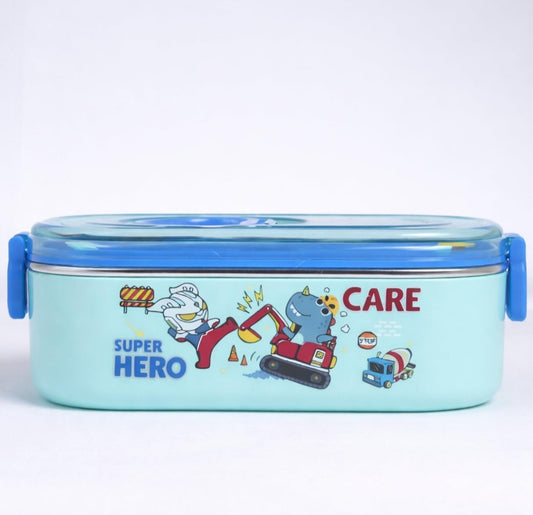 Blue kids lunch box with digger print and Super Hero Care slogan