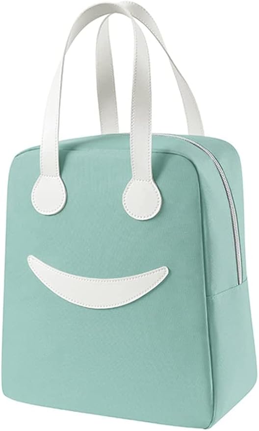 Green smiley face insulated lunch bag with white handles and zip