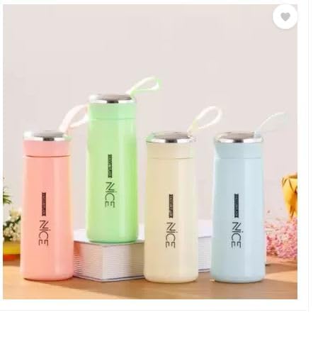 Four pastel 400ml glass water bottles displayed on a wooden desk