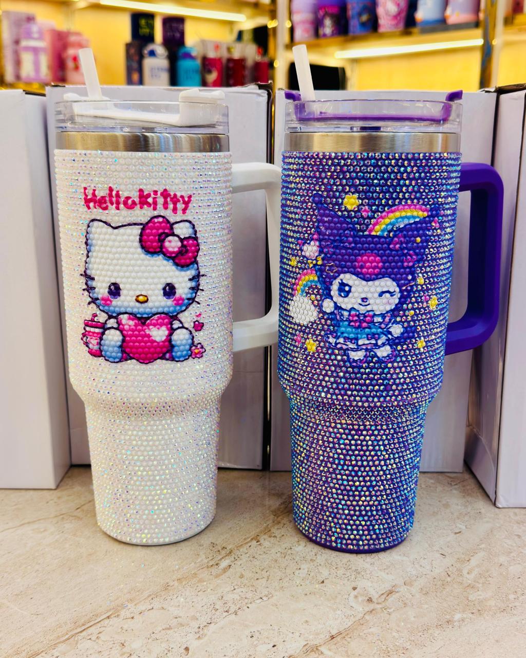 Premium Sequence Character Tumbler 1200ml Stainless Steel Insulated Mug with Handle & Straw | Hello Kitty Stitch Travel Cup | Hot & Cold Vacuum Tumbler | Panchi Gifts