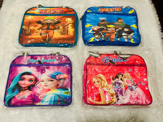 Four large anime and doll print lunch bags laid out in two rows