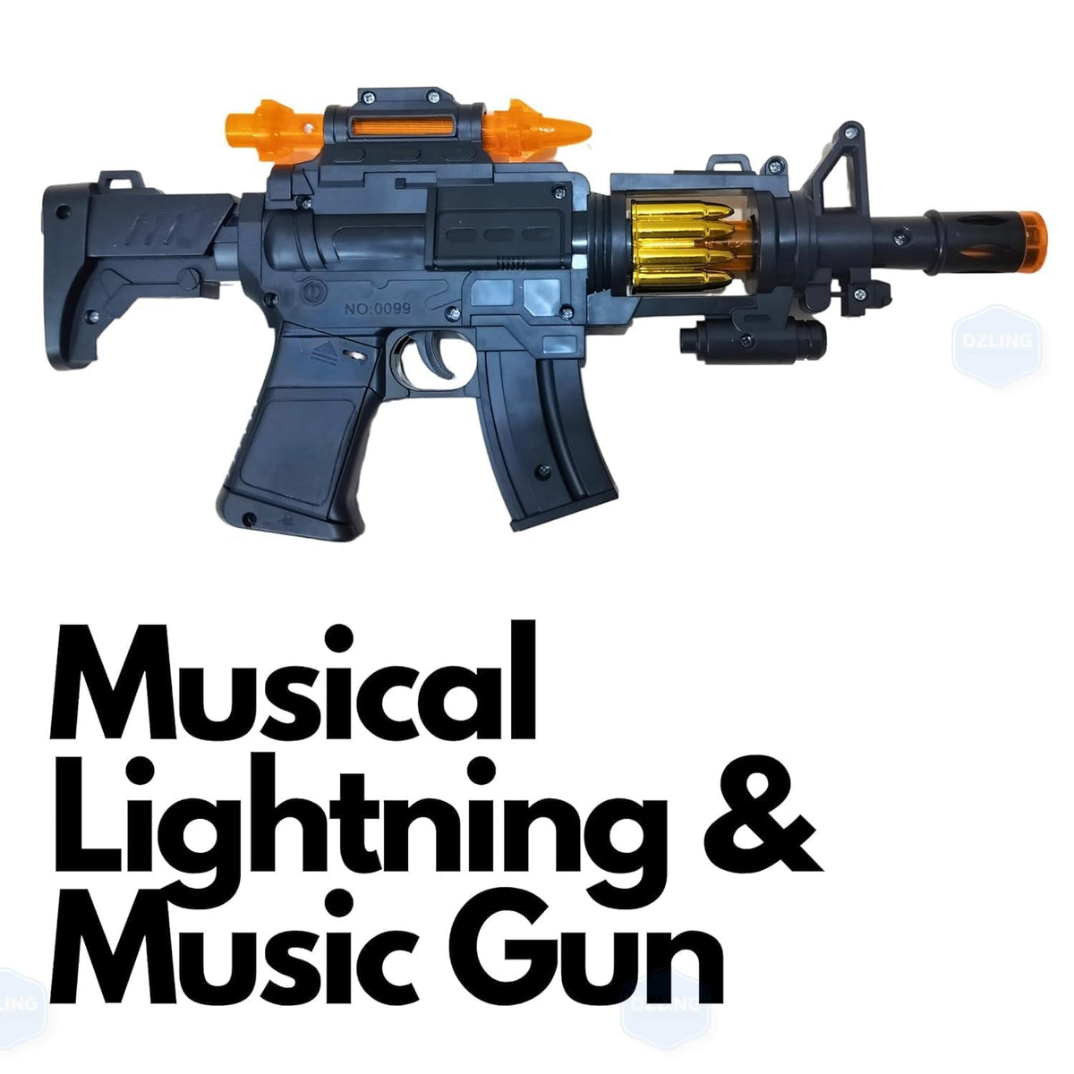 Black toy machine gun with orange accents labelled musical lightning gun