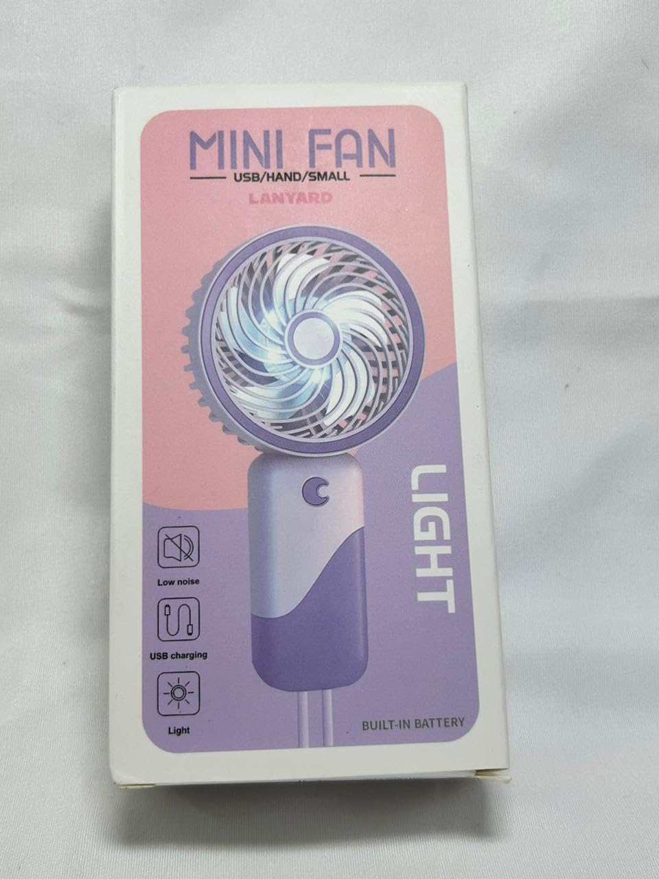 Mini Fan with Light | USB Rechargeable Portable Handheld Fan with Built-In Battery, Low Noise & Lanyard
