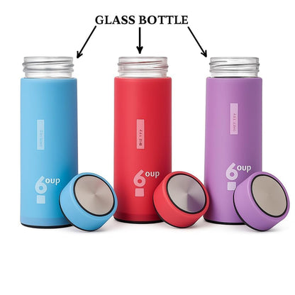 Three 6oup glass bottles with sleeves removed showing clear glass bodies