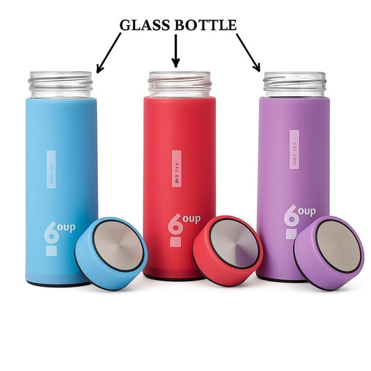 Three 6oup glass bottles with sleeves removed showing clear glass bodies