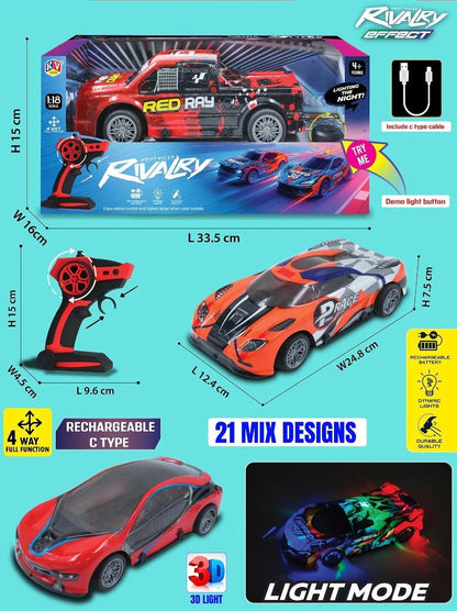 Rivalry Effect Rechargeable Remote Control Drift Racing Car | 4-Way RC Sports Car with LED Lights & Type-C Charging Cable