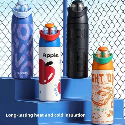 Four 700ml insulated bottles with flip straw lids on a blue plinth