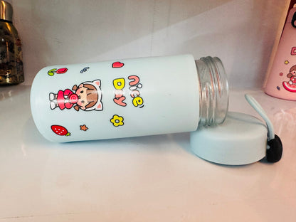 Cute Cartoon Glass Water Bottle with Cat Handle 300ml | Glass inside and Strong Plastic outside