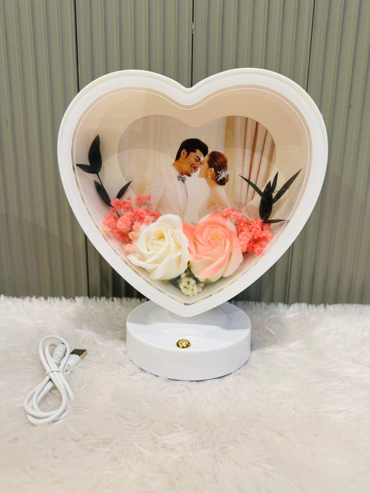 Round Photo Frame with Elegant Lights and Roses | Heart Shape | Couple Design