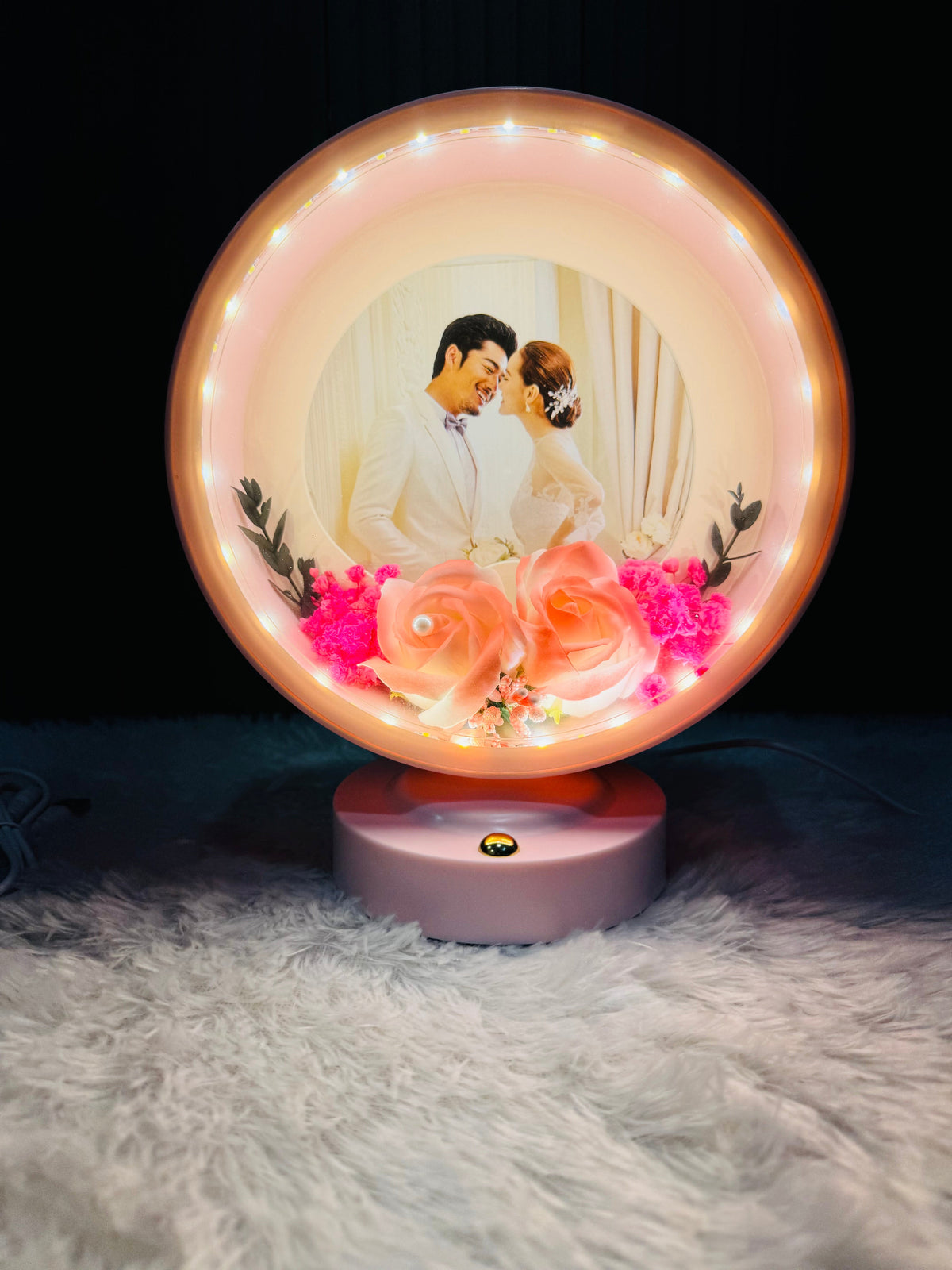 Round Photo Frame with Elegant Lights and Roses | Heart Shape | Couple Design
