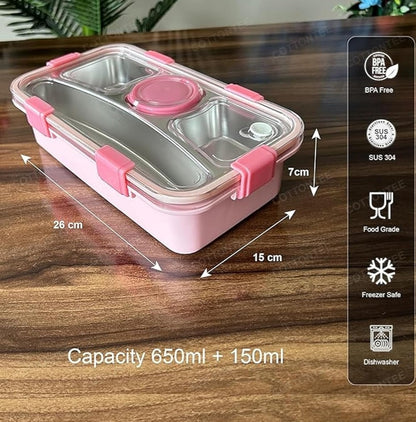 Stainless Steel Bento Lunch Box with Sauce Bowl Leak-Proof 4 Compartment Airtight Tiffin Box