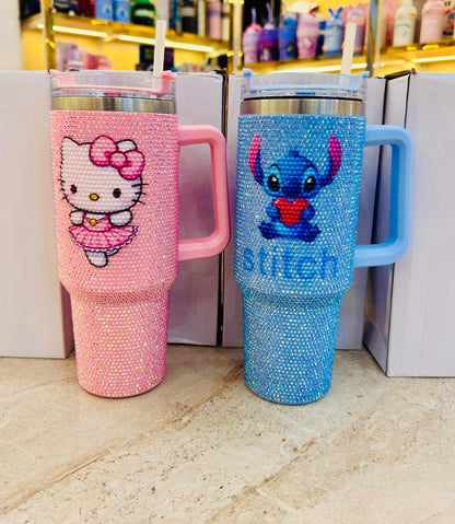Premium Sequence Character Tumbler 1200ml Stainless Steel Insulated Mug with Handle & Straw | Hello Kitty Stitch Travel Cup | Hot & Cold Vacuum Tumbler | Panchi Gifts