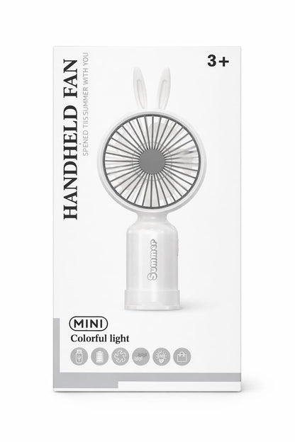 Handheld fan retail box showing the white bunny ear cooling fan