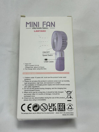 Mini Fan with Light | USB Rechargeable Portable Handheld Fan with Built-In Battery, Low Noise & Lanyard
