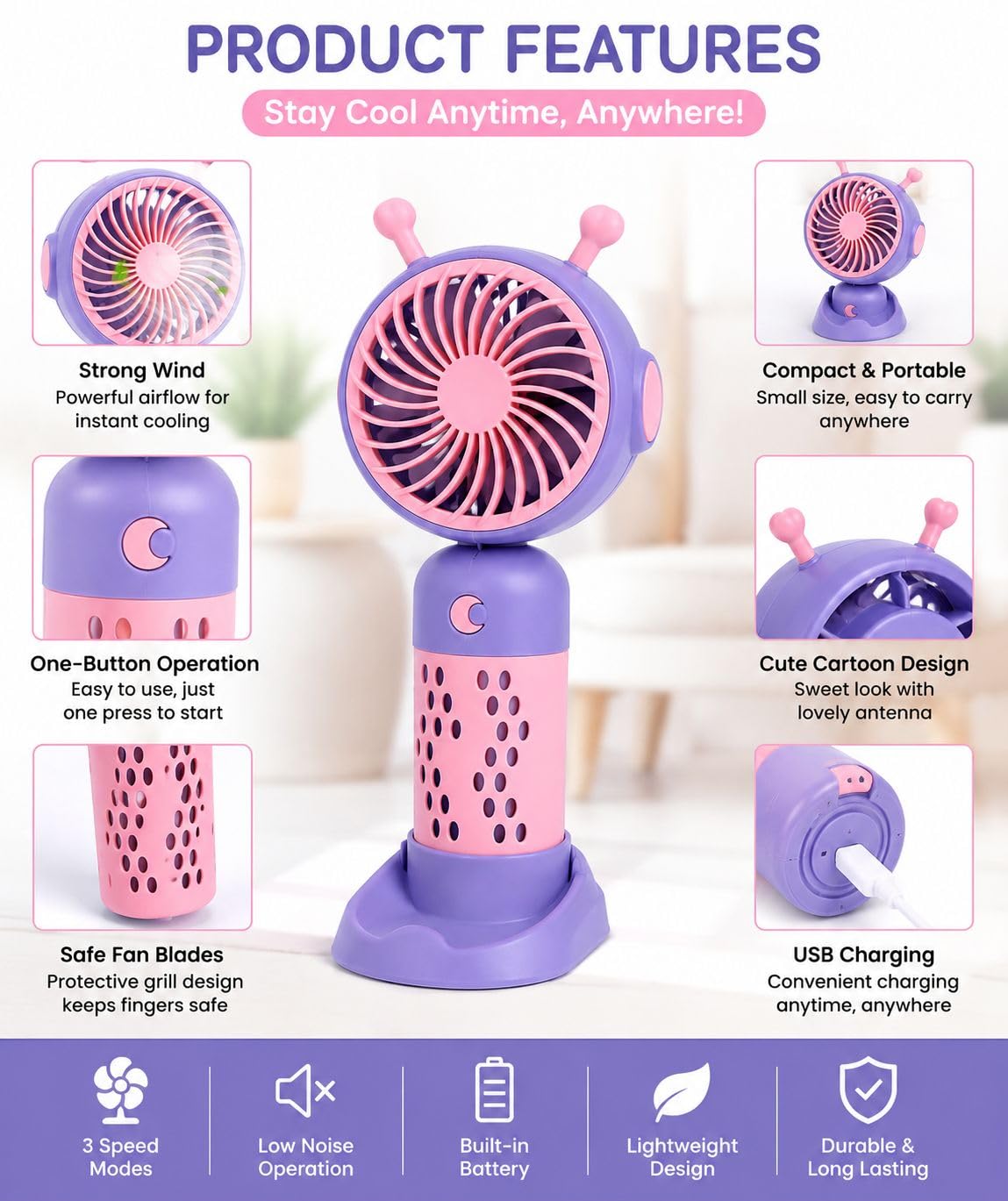 Graphic listing the mini fan strong wind, safe blades and USB charging