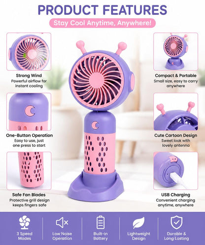 Graphic listing the mini fan strong wind, safe blades and USB charging