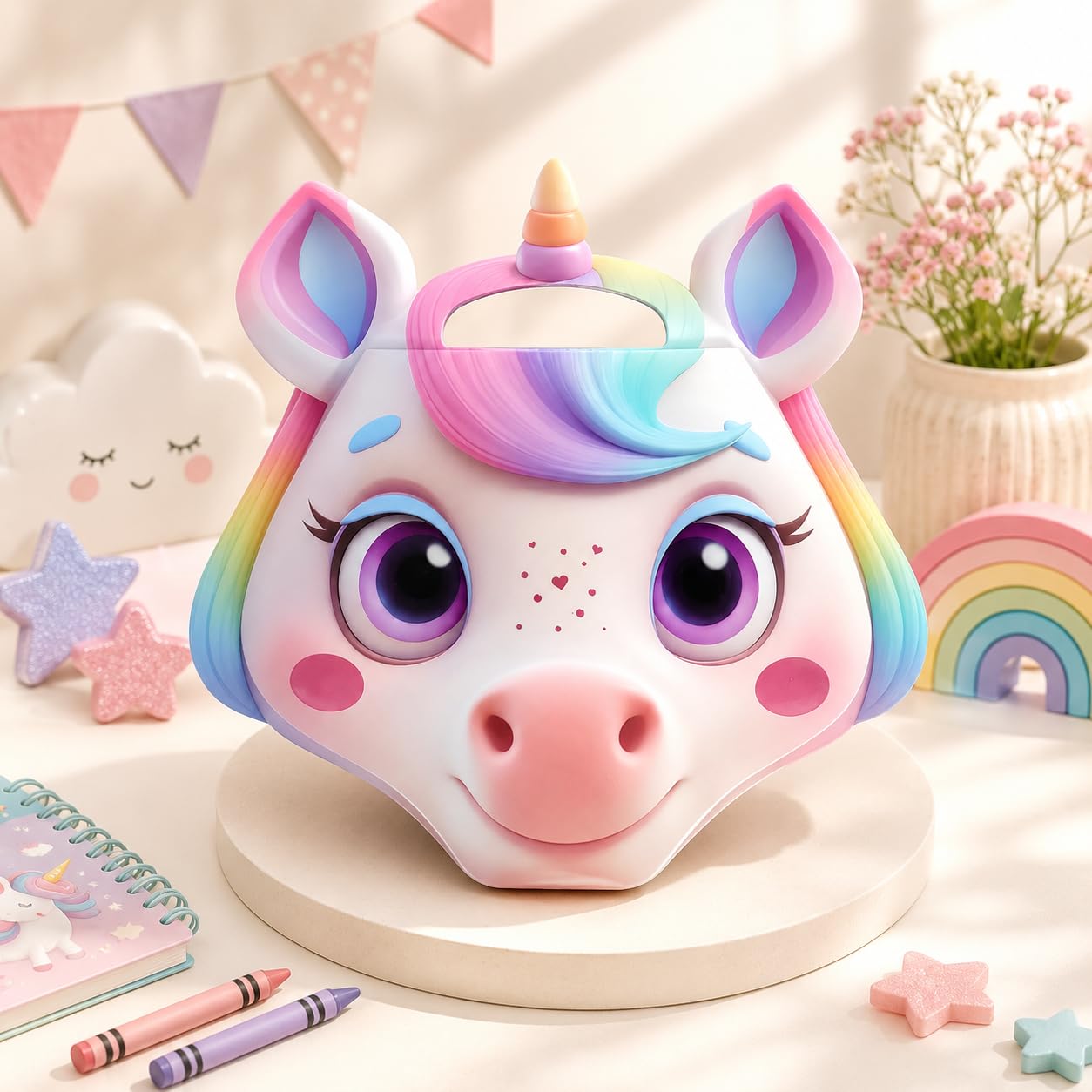 Unicorn shaped drawing book styled on a stand with stars and crayons