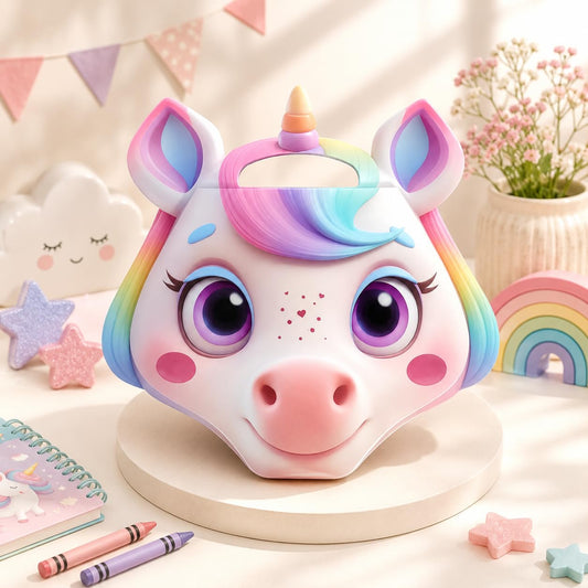 Unicorn shaped drawing book styled on a stand with stars and crayons