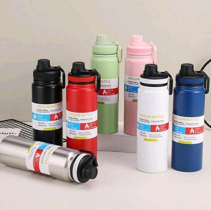 Vacuum insulated 800ml sports bottles in six colours with carry loop lids