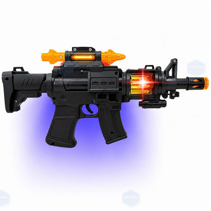 Toy gun lit with blue and purple light effects on a white background