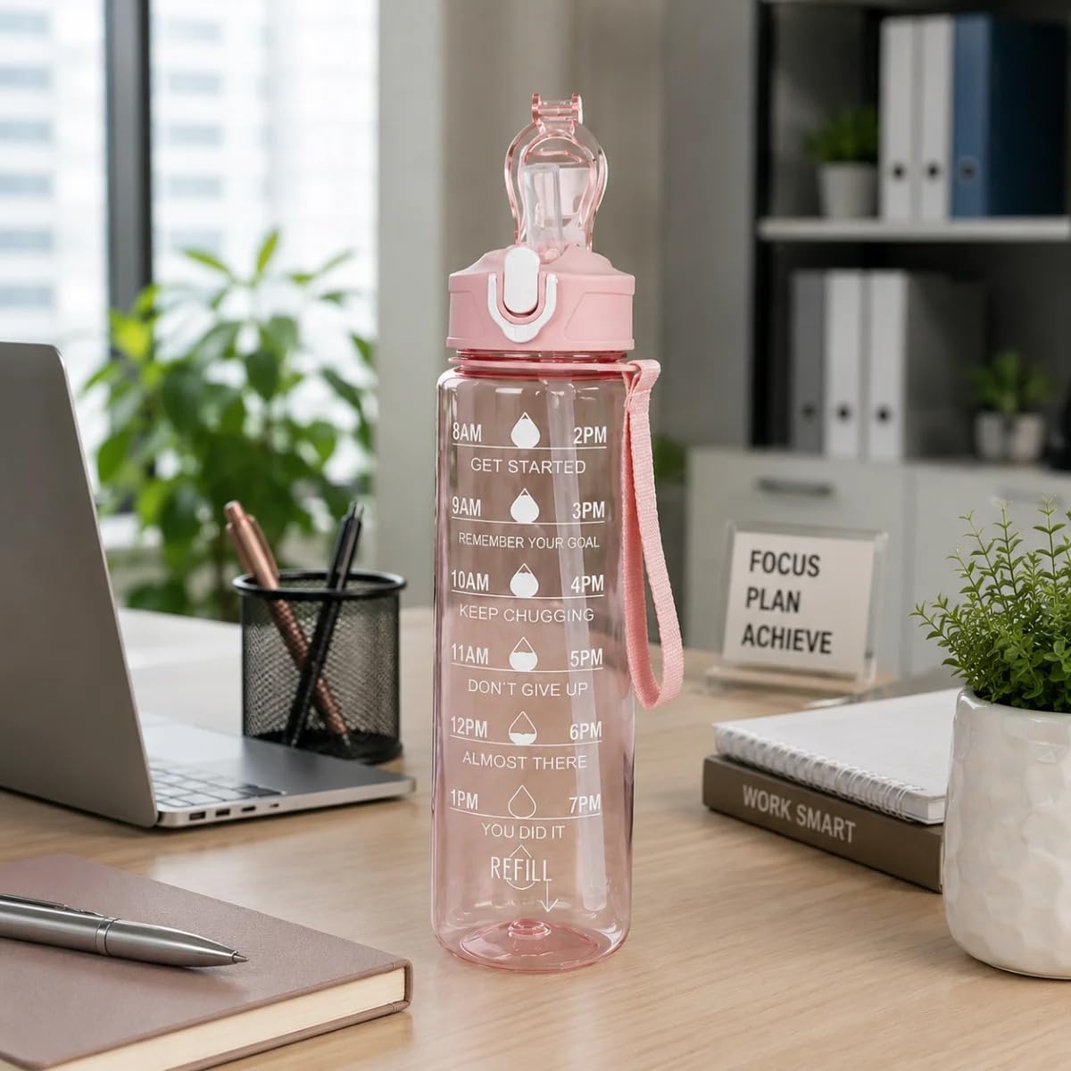 Motivational Sipper Water Bottle Plastic 900ml | BPA Free, Leak Proof, Lightweight, with Time Markers Multiocolor