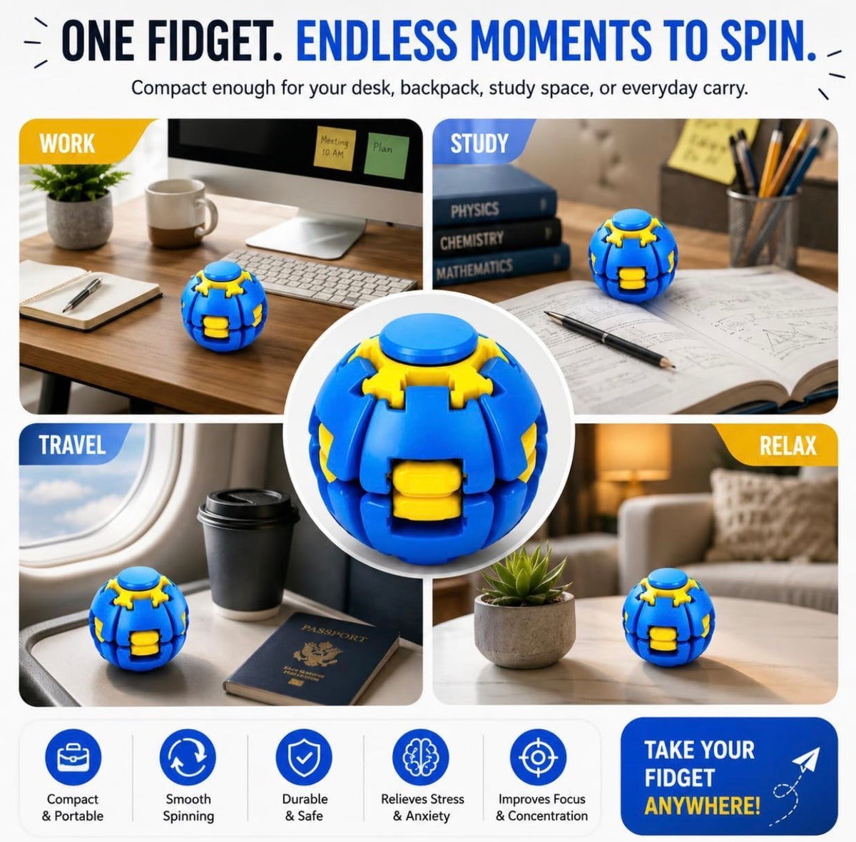 Press to Spin Hand Spinner Stress Ball – Sensory Fidget Toy | Press & Spin Stress Relief Toy for Kids & Adults | Fun Handheld Fidget Gadget