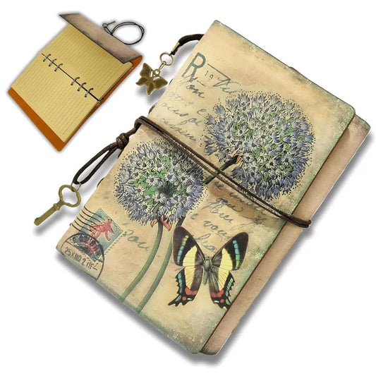 Retro vintage leather journal with floral tree cover and matching mini notebook