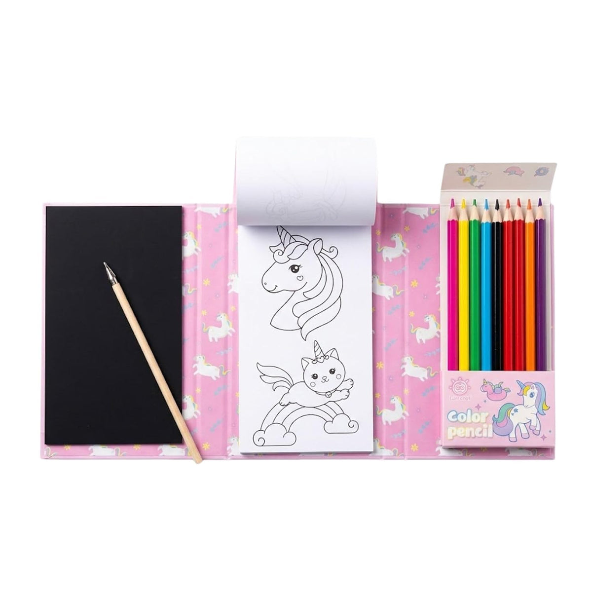 Open unicorn colouring set showing scratch board, sheets and pencils