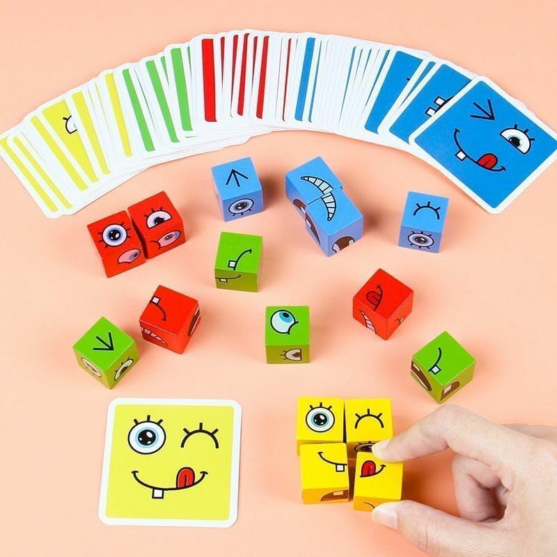 Crazy Face Changing Cube Puzzle Game | Wooden Emoji Expression Matching Blocks for Kids