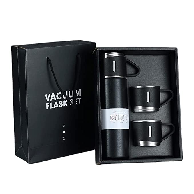 Black vacuum flask gift set with two cups, box and carrier bag