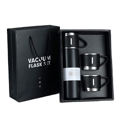 Black vacuum flask gift set with two cups, box and carrier bag