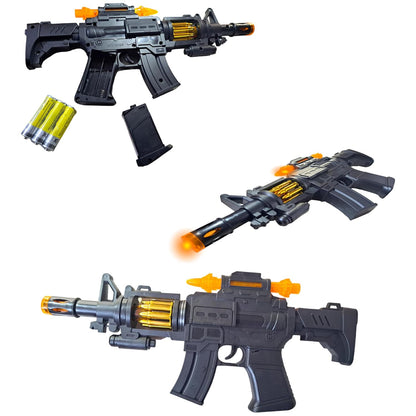 Toy assault rifle shown with batteries and two smaller toy gun styles