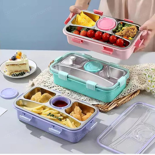 Purple and green bento boxes filled with fries, nuggets and tomatoes