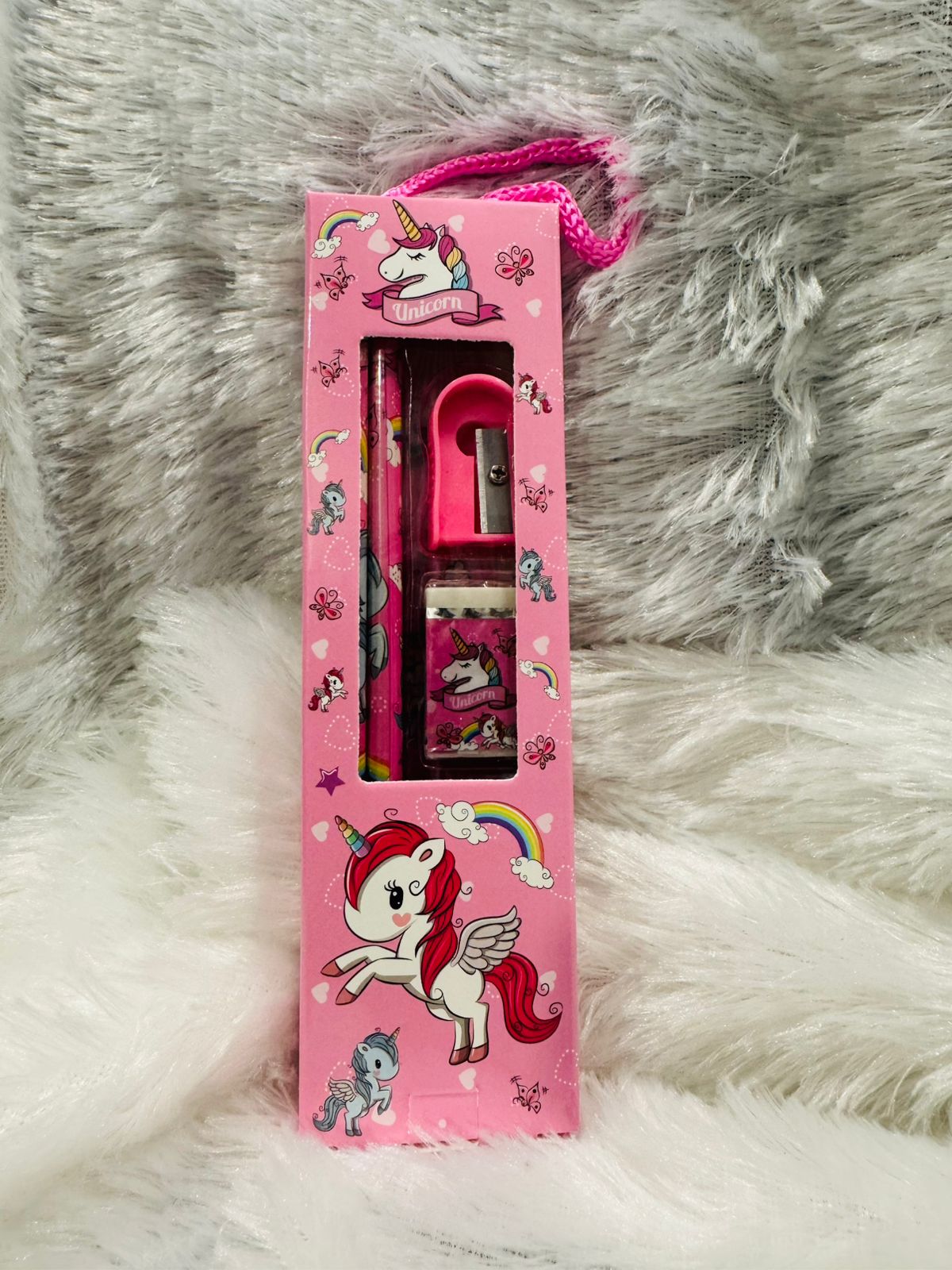 Pink unicorn print stationery gift pack in a hanging box