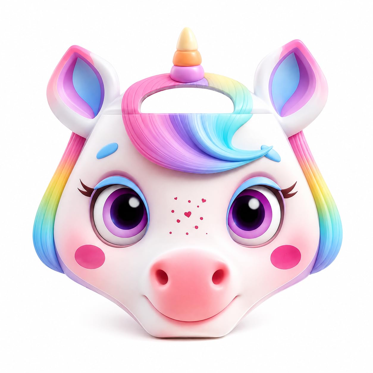 Unicorn face shaped kids drawing book with a carry handle and rainbow mane