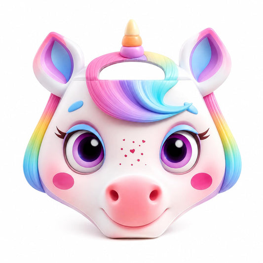 Unicorn face shaped kids drawing book with a carry handle and rainbow mane