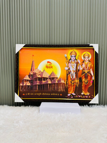 Golden framed Ram Ayodhya temple wall painting on a display stand