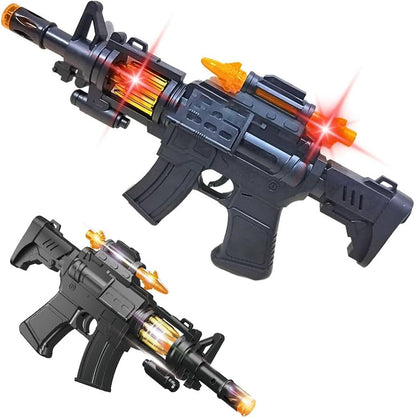 Two black toy rifles with glowing barrels and orange tips