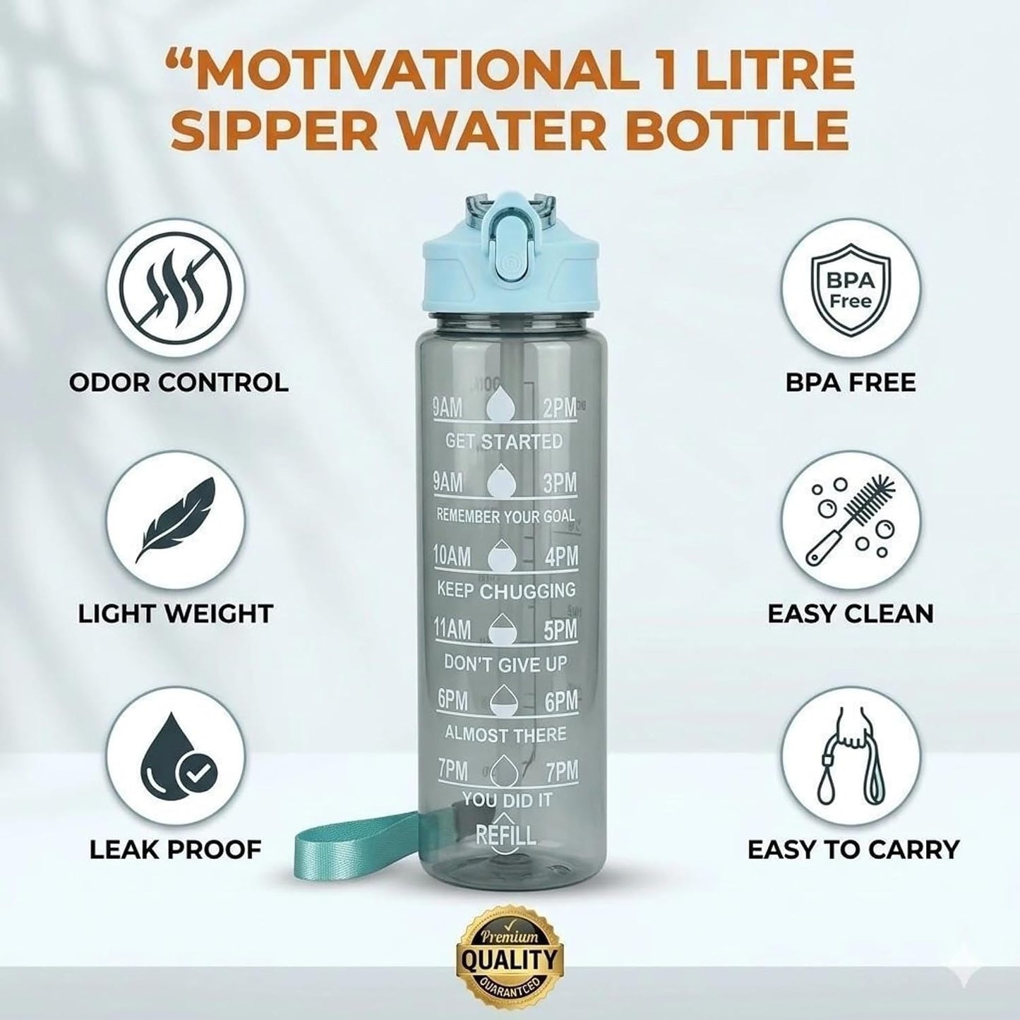 Motivational Sipper Water Bottle Plastic 900ml | BPA Free, Leak Proof, Lightweight, with Time Markers Multiocolor