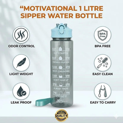 Motivational Sipper Water Bottle Plastic 900ml | BPA Free, Leak Proof, Lightweight, with Time Markers Multiocolor