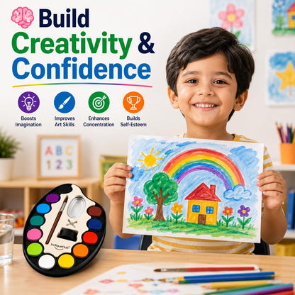 Smiling boy holding up a rainbow painting beside a watercolour palette