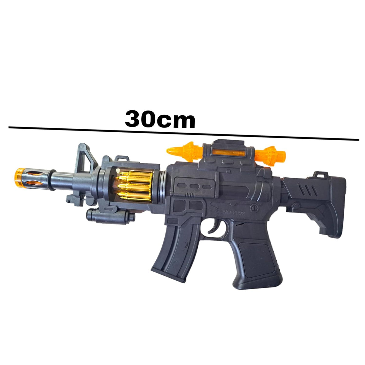 Black toy gun shown with its 30 centimetre length dimension marked