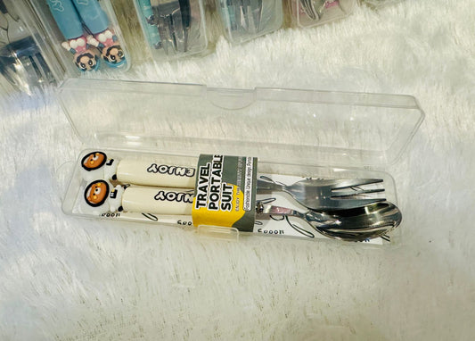 Cartoon topped travel cutlery set opened showing steel spoon and fork