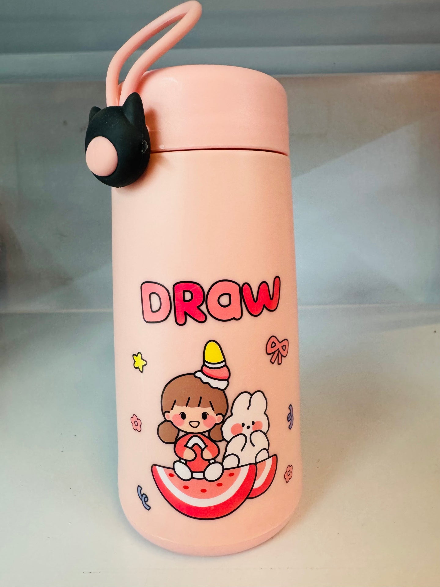 Cute Cartoon Glass Water Bottle with Cat Handle 300ml | Glass inside and Strong Plastic outside